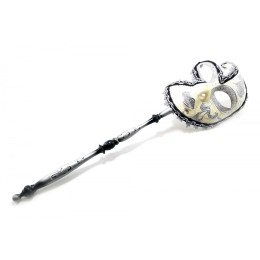 Маска венецианская с ручкой серебро